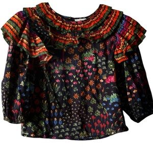 FARM Rio Black Floral Ruffled Peasant Blouse with Multicolor Embroidery